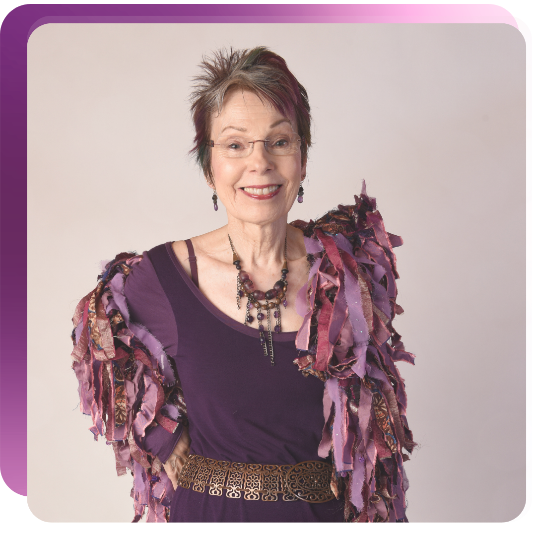 Anne Sagendorph-Moon posing with a lovely purple scarf for Energetic Signature promo