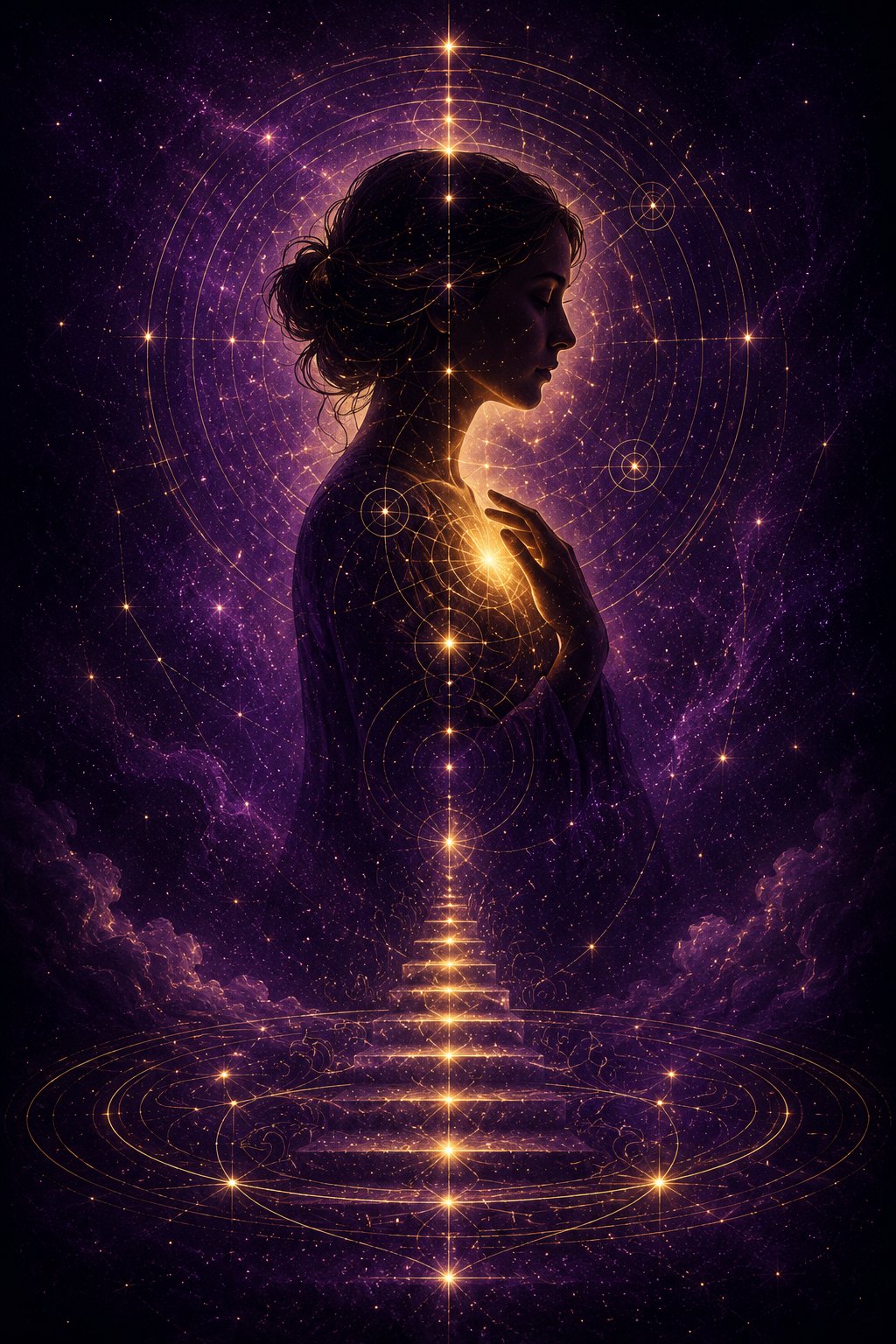 Ethereal journey through celestial realms deep purples