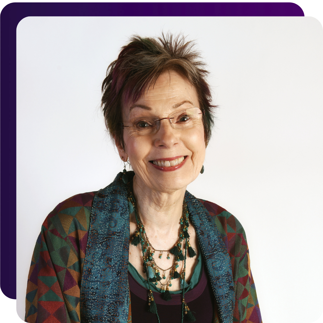 Anne Sagendorph-Moon posing with a lovely purple scarf for Energetic Signature promo