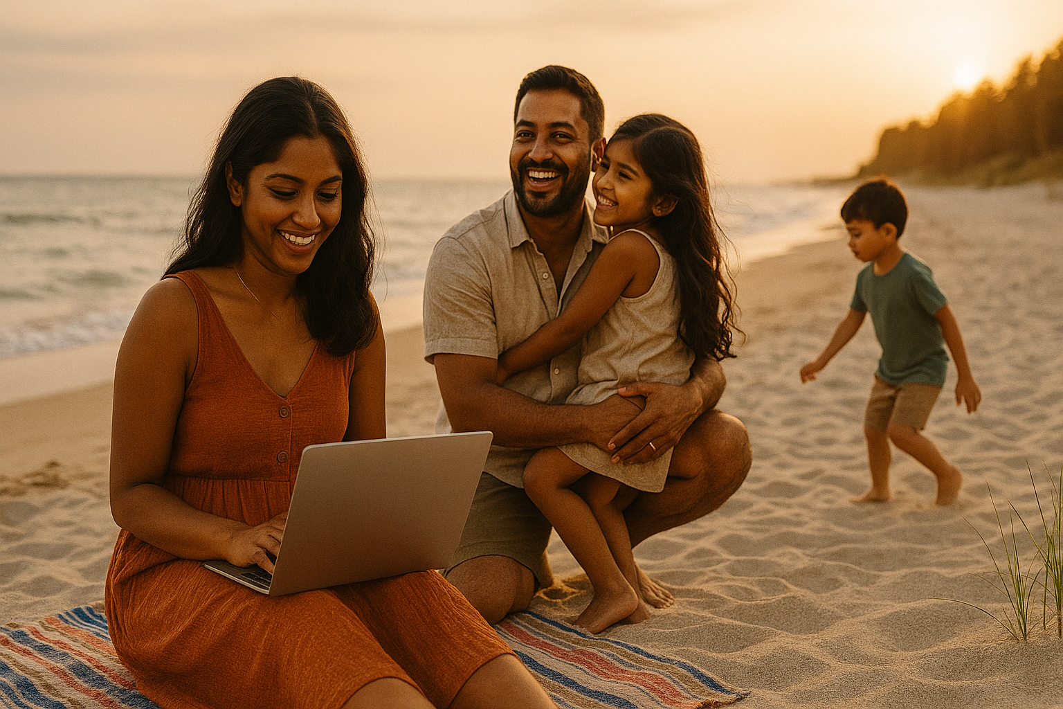 South Asian family enjoying a day at the beach, symbolizing work-life freedom, entrepreneurship, and financial independence —