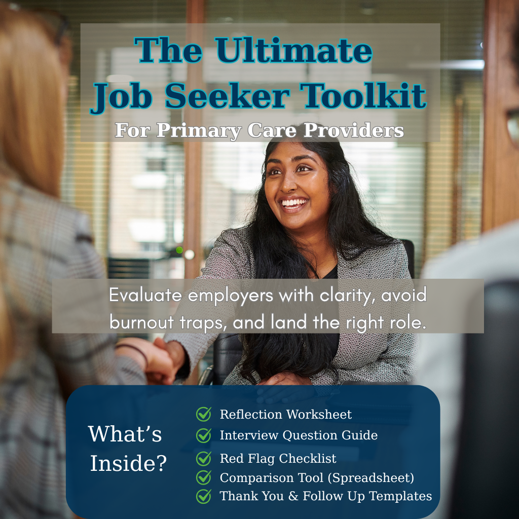 PCP in an interview with text promoting The Ultimate Job Seeker Toolkit for evaluating employers and avoiding burnout.