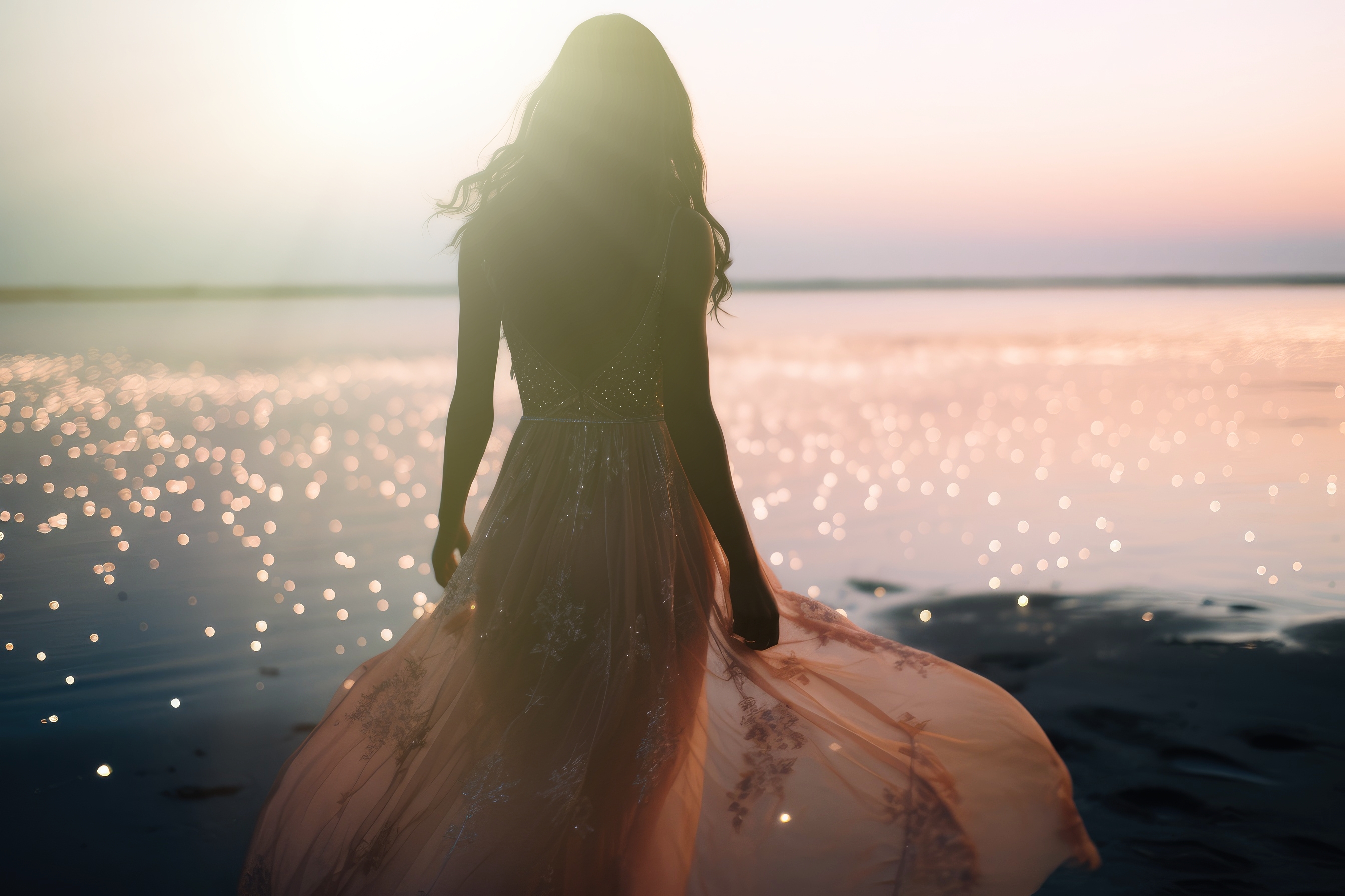 A woman in a flowing dress stands at the water’s edge at sunset, facing the horizon, with golden light reflecting on the surf
