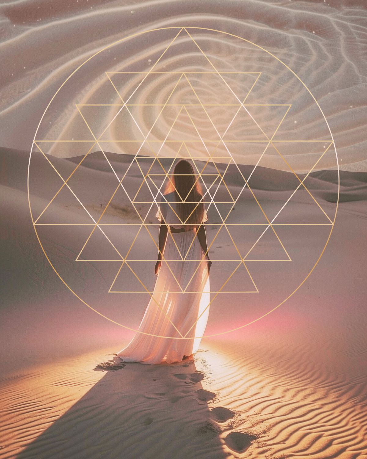 Woman walking into a luminous geometric mandala in a desert landscape, symbolizing spiritual initiation and energetic alignme
