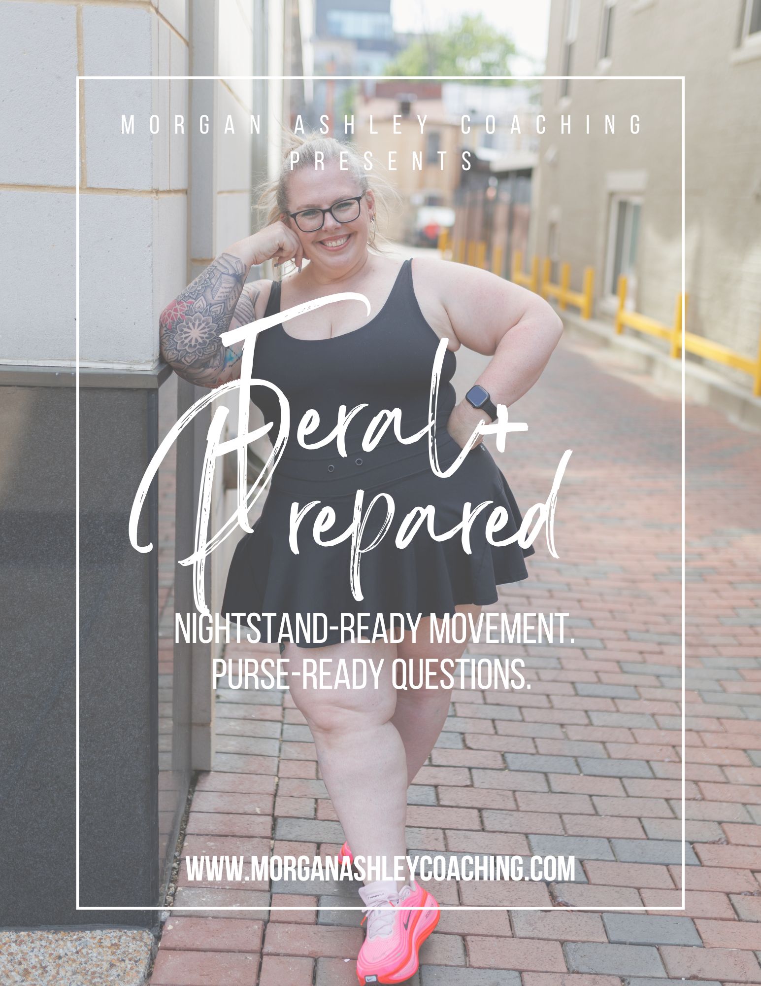 Picture of lady in black dress and hot pink sneakers with text overlay 