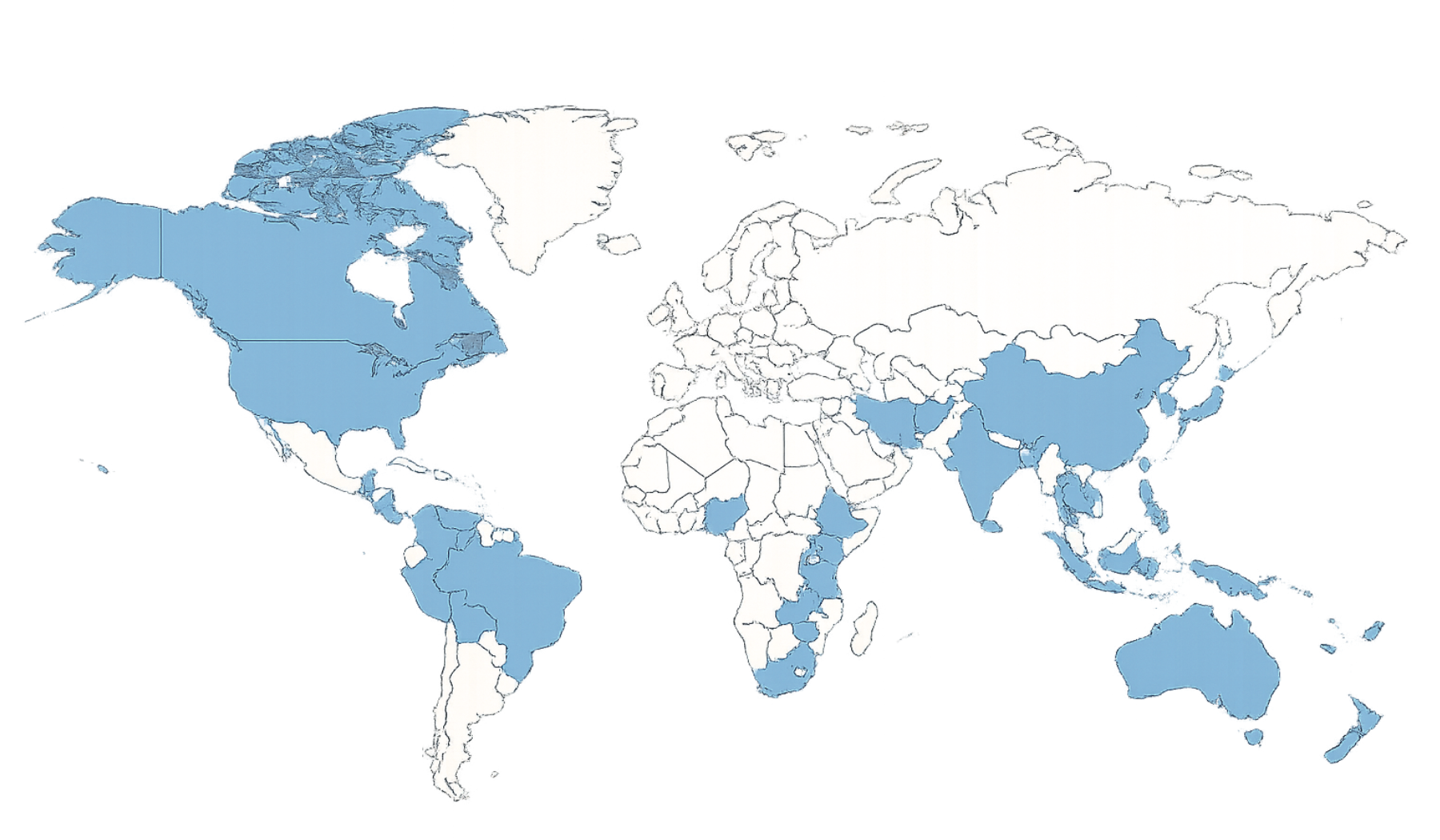 A map of the world. The nations highlighted in blue are ones in which Uptick alum live and minister.