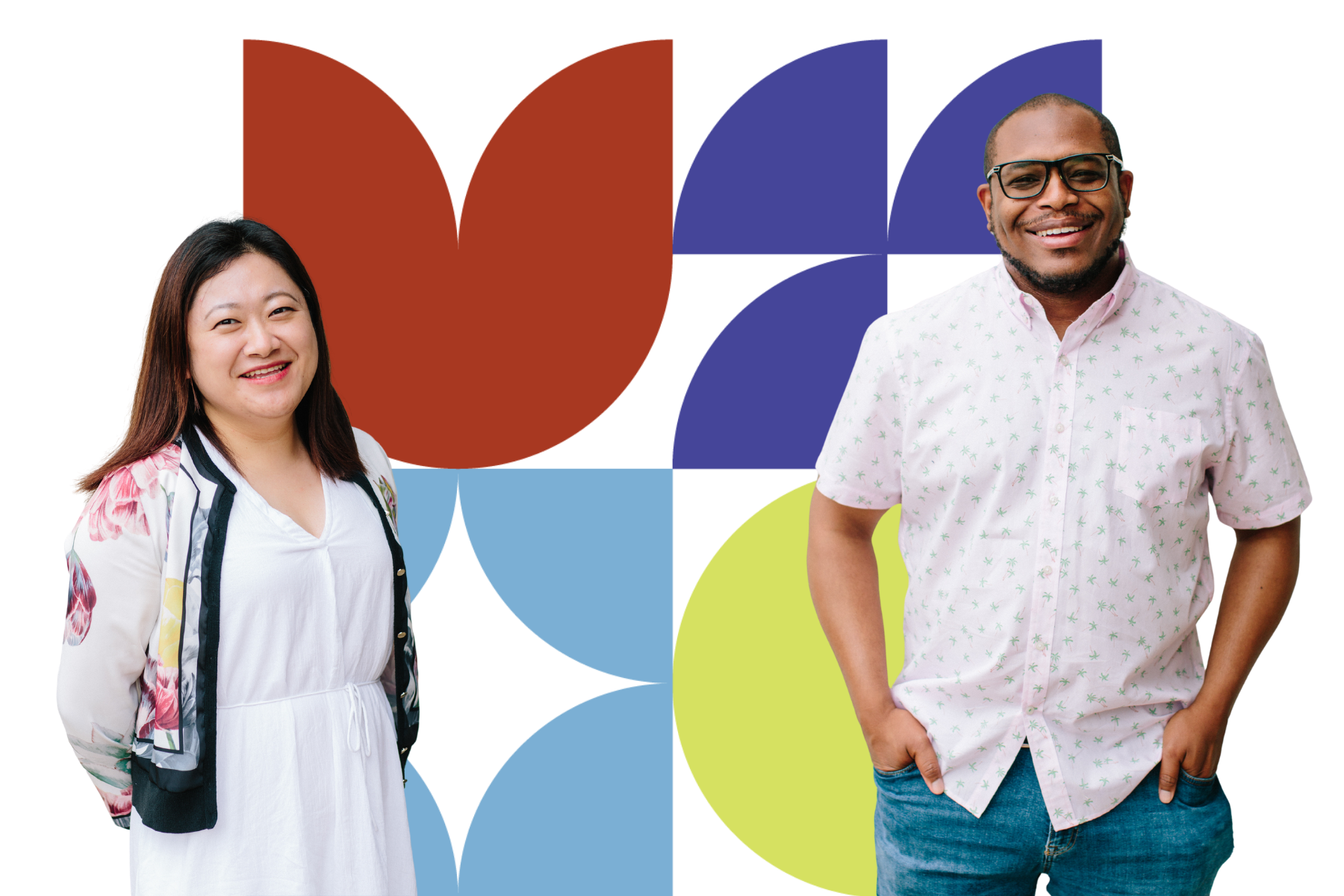 Uptick Alum lady and man standing in front of the Uptick Global logo