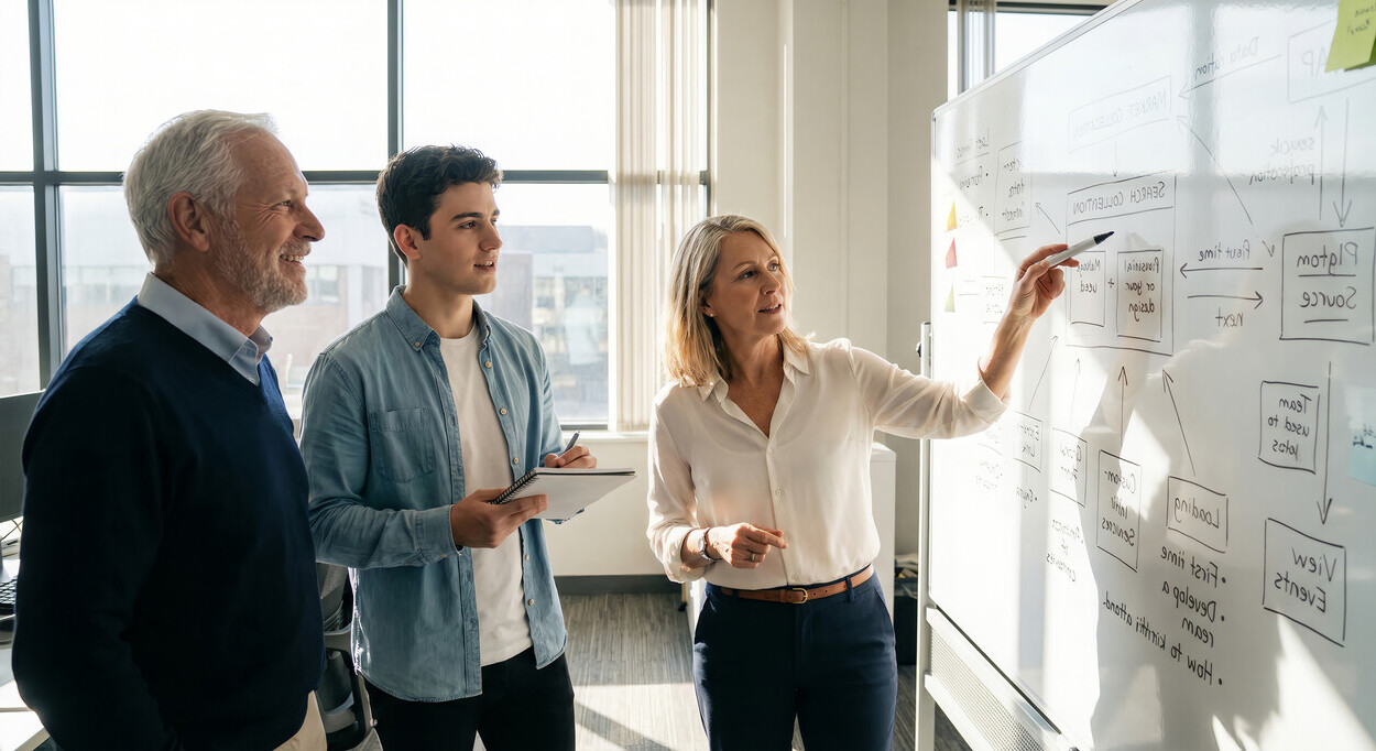 Strategic planning on whiteboard with father and son