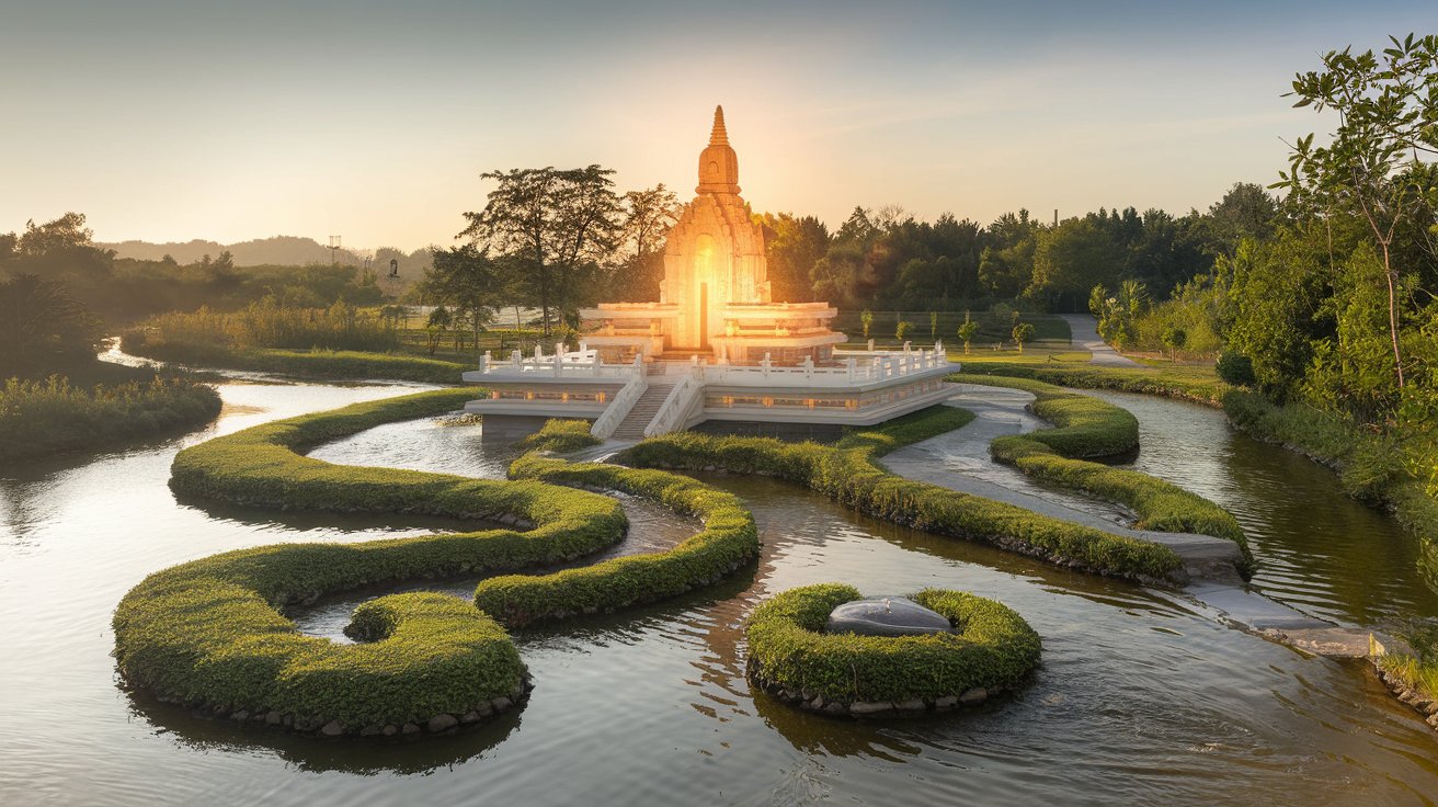 A photo of a serene temple in a peaceful natural setting, symbolizing the personal journey towards self-mastery.