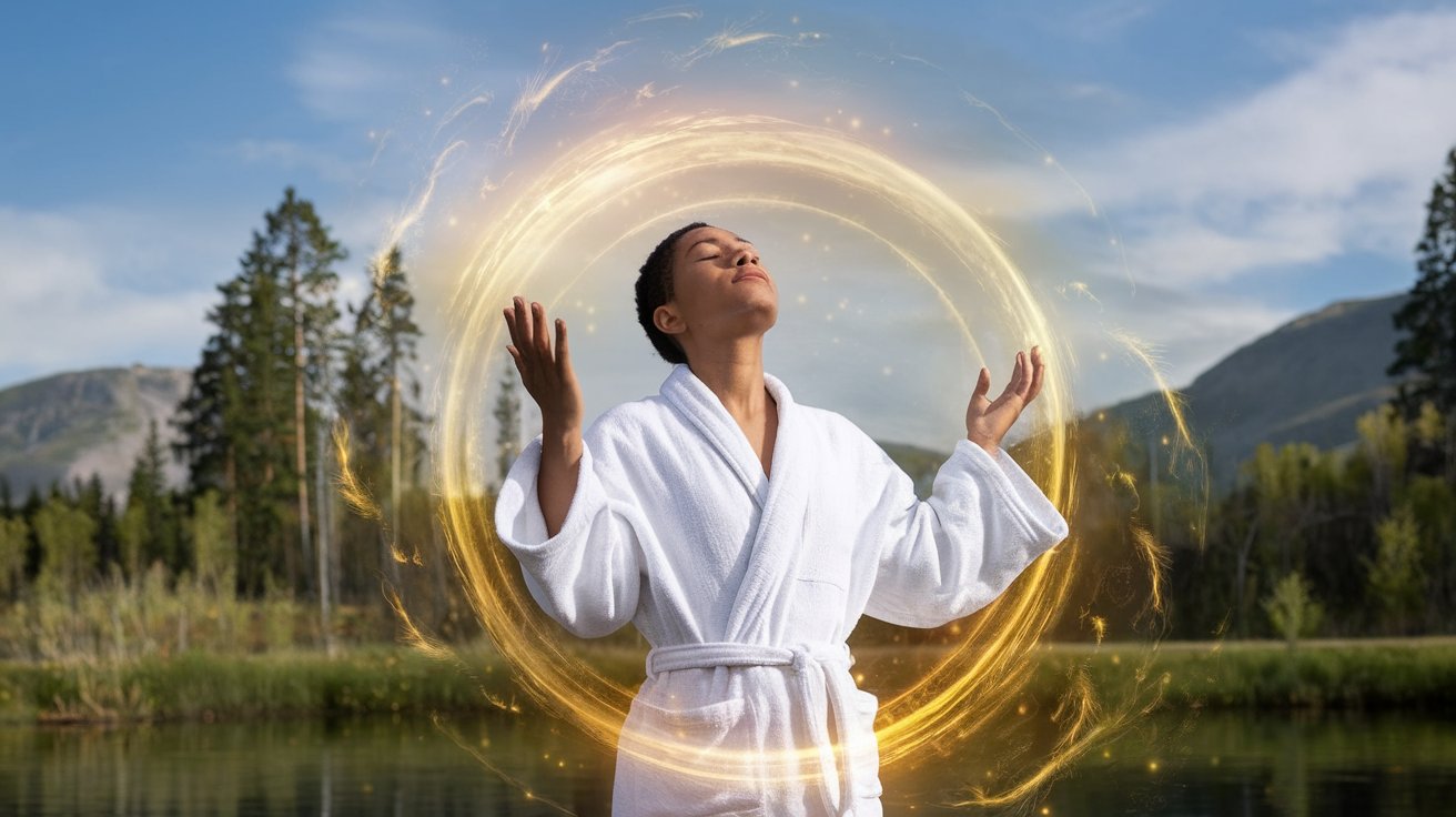 A peaceful visual of someone standing tall, surrounded by glowing energy (a visual representation of self-mastery.