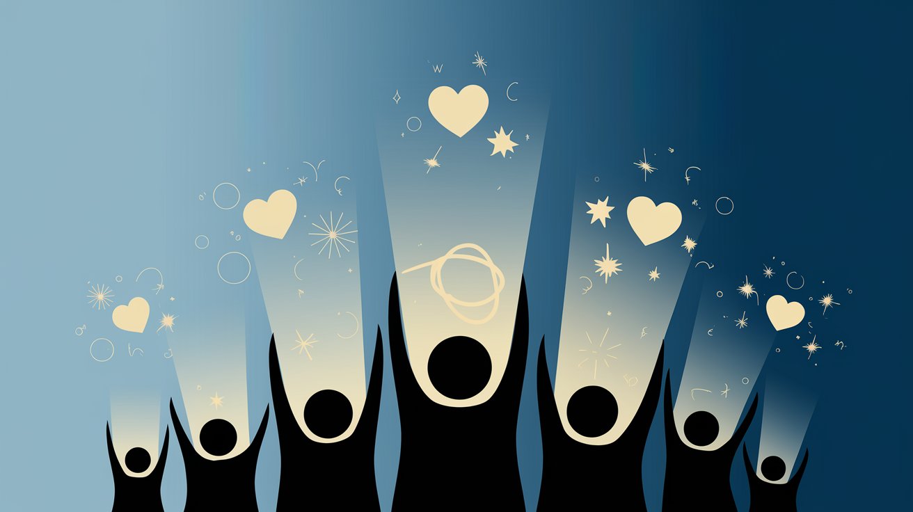 A simple graphic of people transforming, with glowing symbols representing growth.