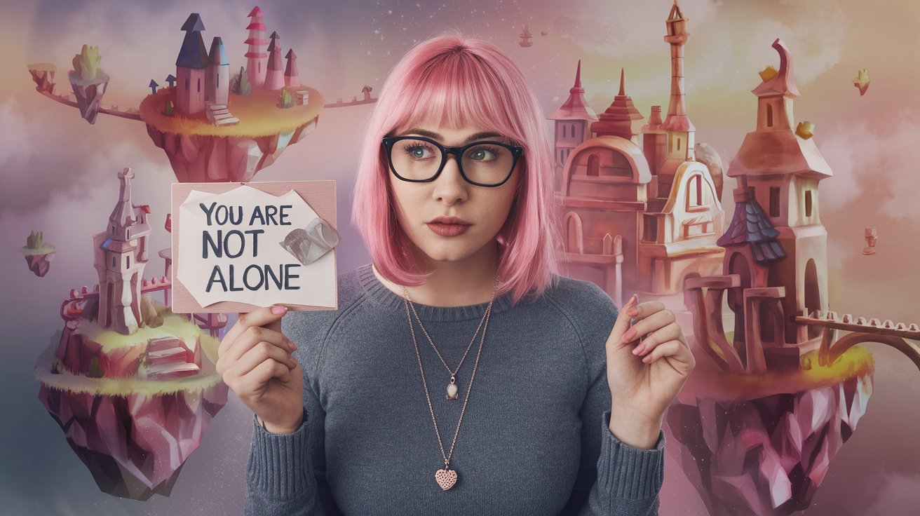 A photo of a woman with pink hair and glasses. She is wearing a grey sweater and a necklace with a heart pendant. 