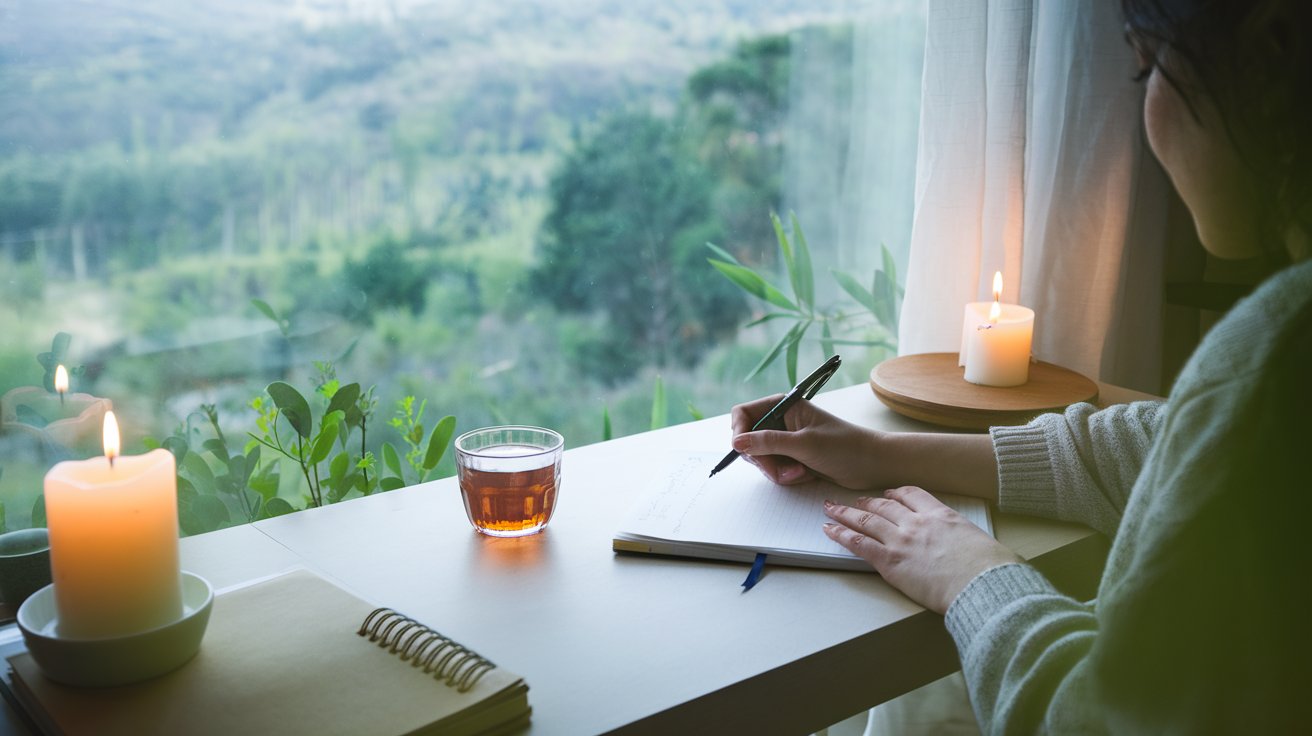 Person writing by a window with candles and tea, overlooking a peaceful green landscape.