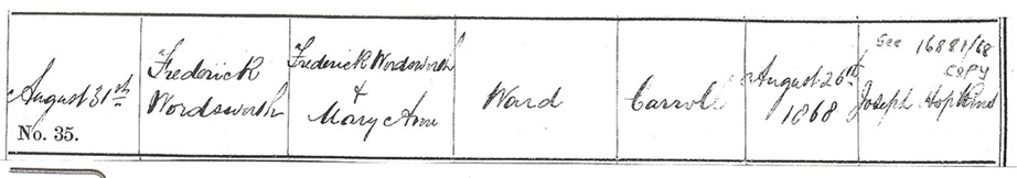Frederick Wordsworth Ward Jnr Baptism 1868