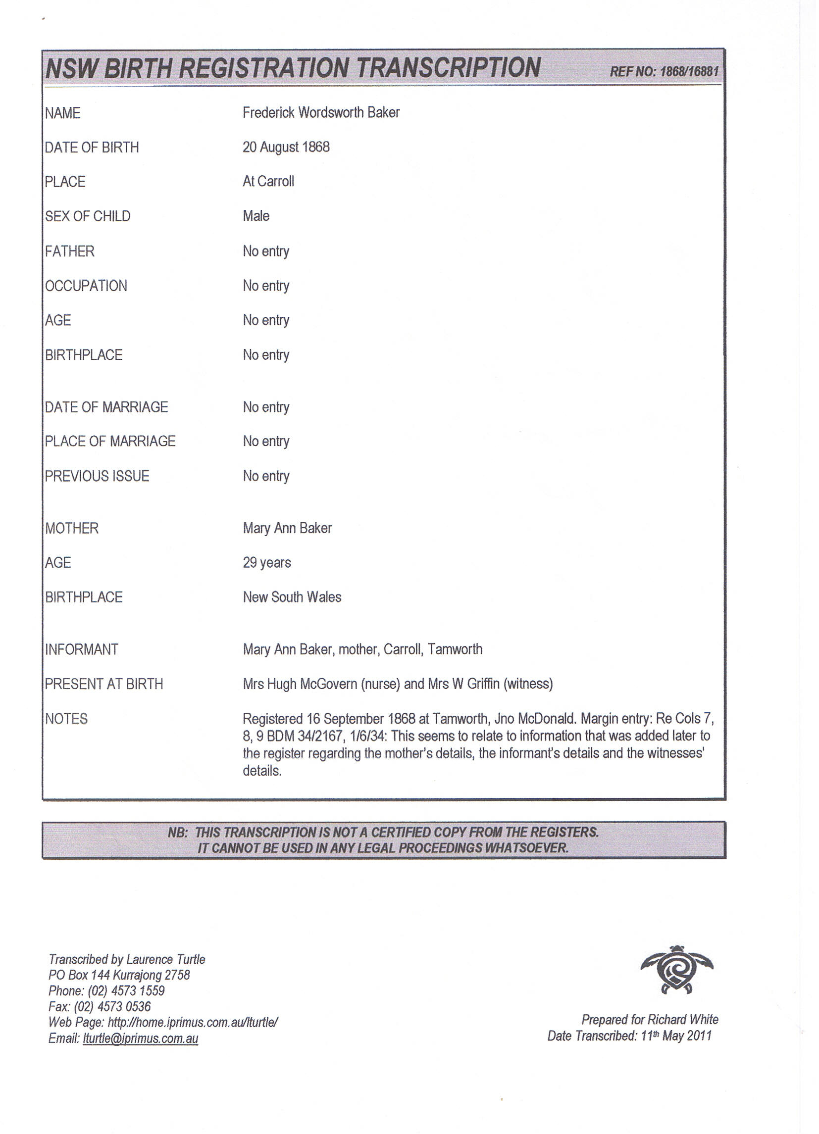 Frederick Wordsworth Ward Jnr Birth Certificate, 1868