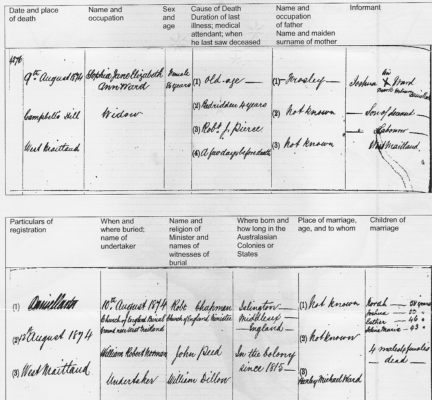 Sophia Ward death certificate 1874