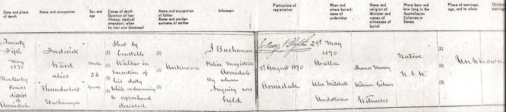 Frederick Ward aka Captain Thunderbolt bushranger Death Certificate 1870