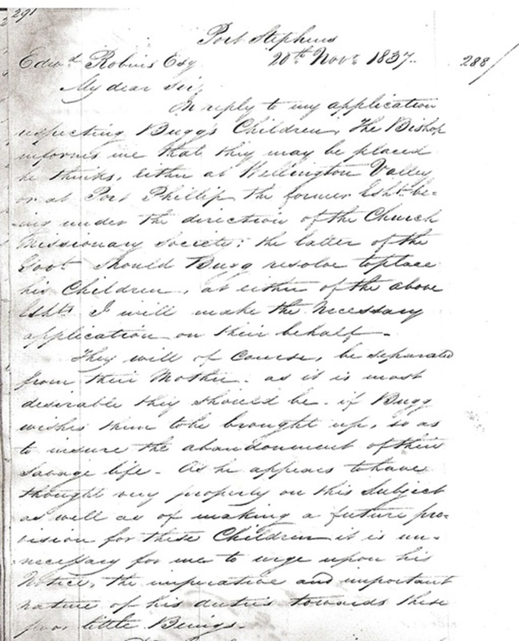 Bugg children - letter by Henry Dumaresq 1837